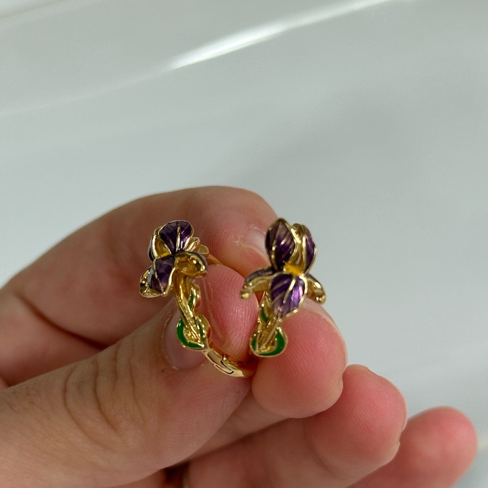 Elegant Gold and Purple Hand Painted Orchid Earrings s925
